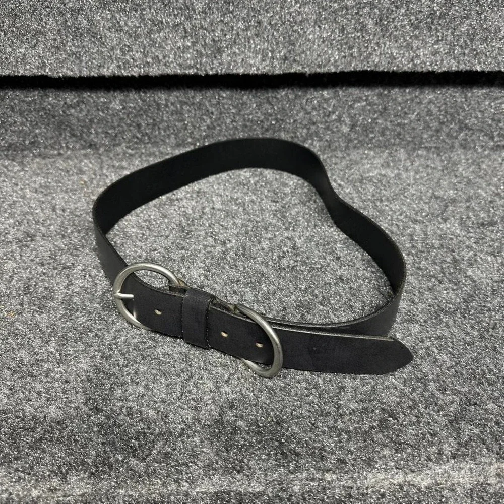 Vintage Italian Leather Belt Large Black Silver Double Ring Buckle USA Made